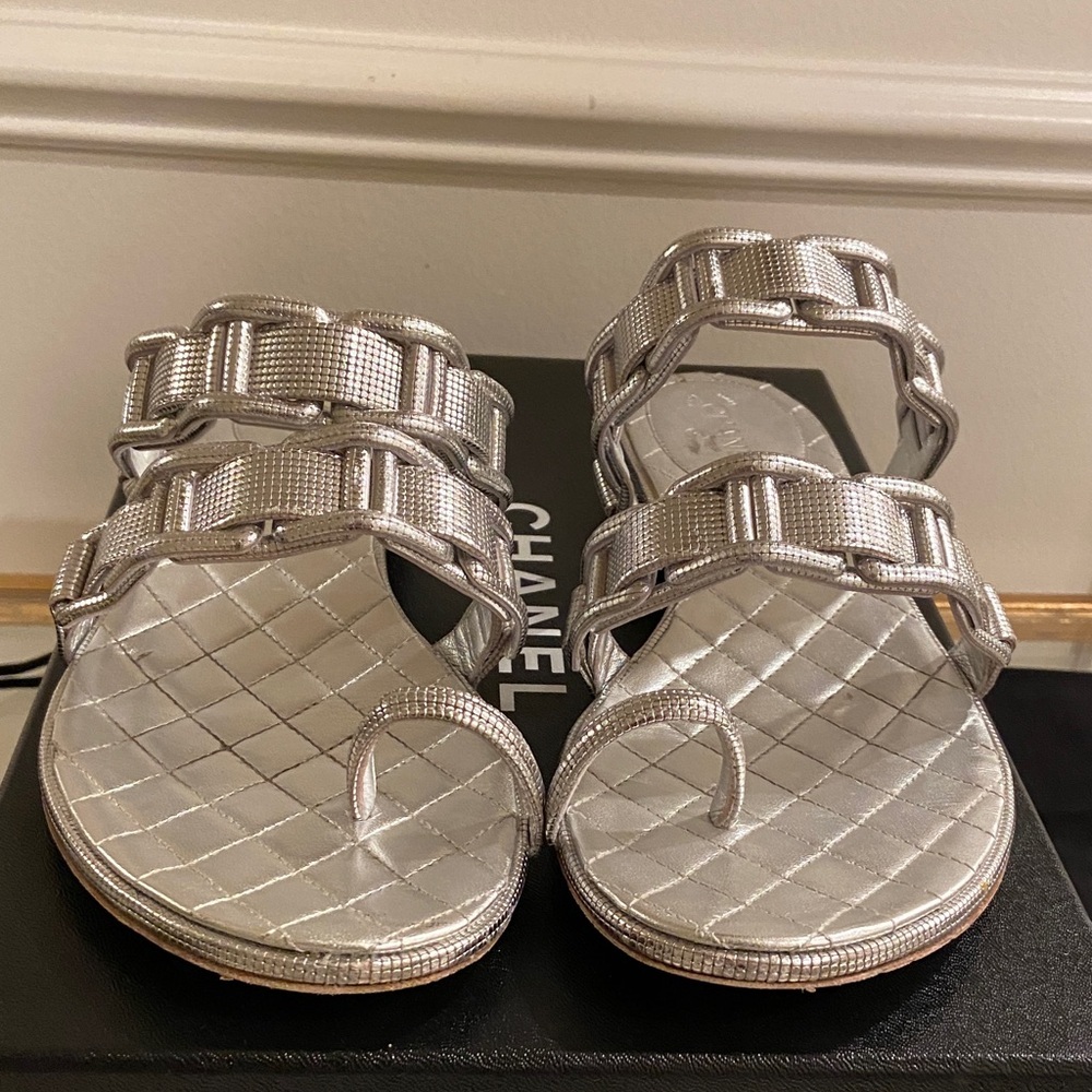 CHANEL Silver Calfskin Quilted Slip In Sandals 7.5 - Picture 7 of 16